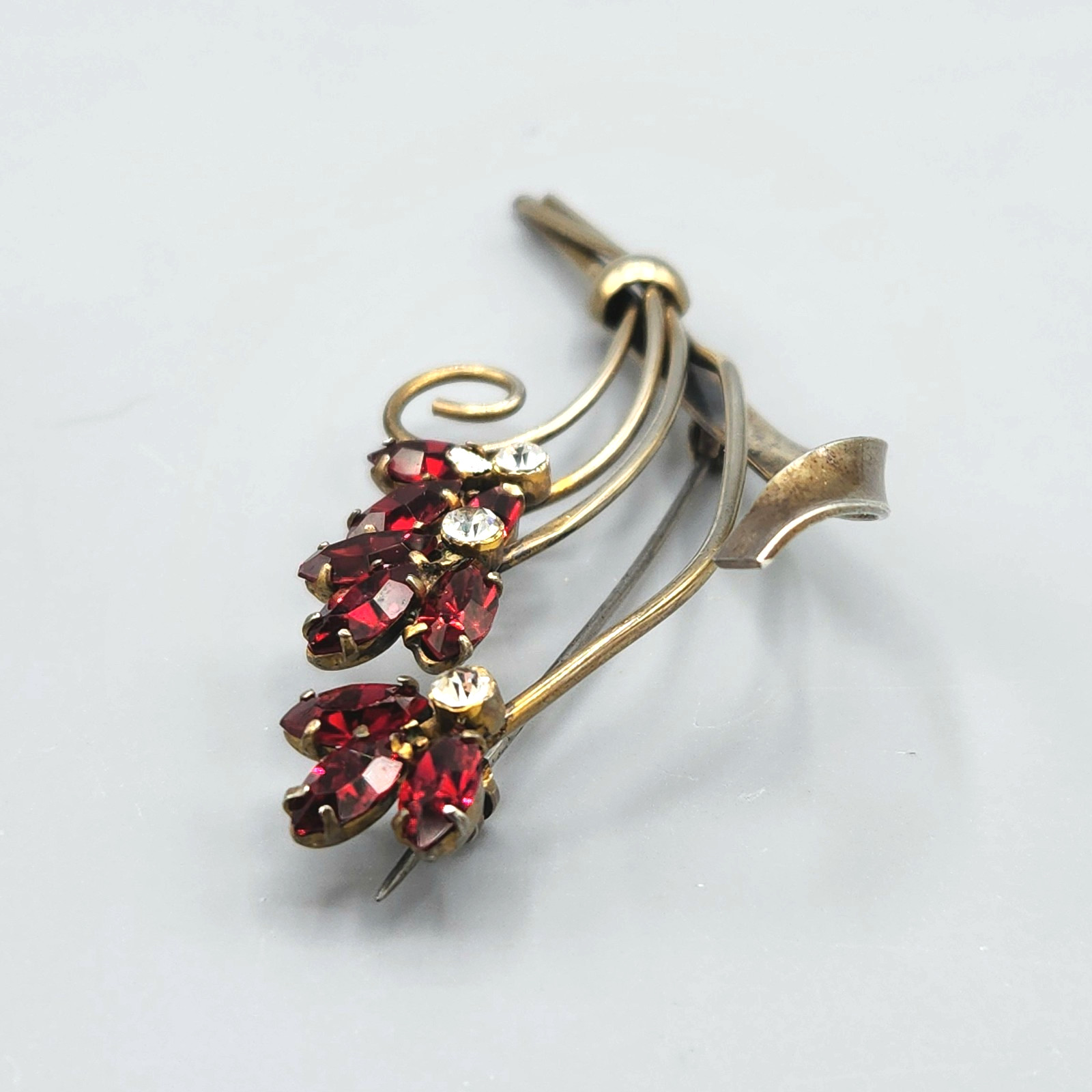 Retro Gold Wash Sterling Silver Siam Red Marquise Glass Flower Bouquet Brooch