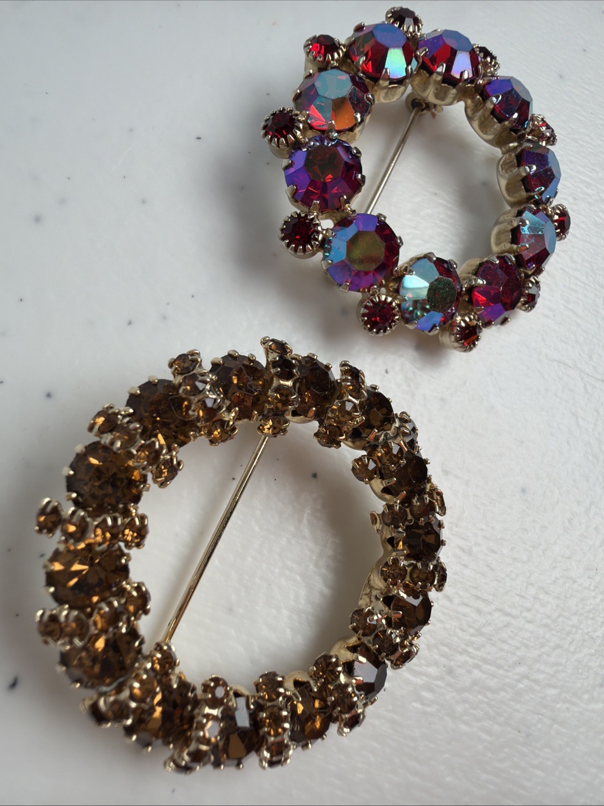 Lot Of 2 Signed Weiss Rhinestone Wreath Brooches AB Red And Smoke Topaz Vintage