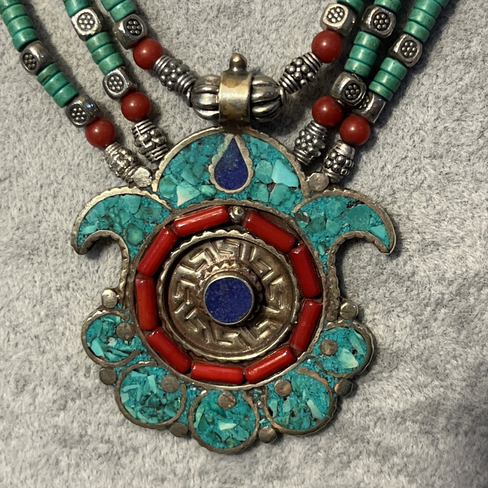 Vintage Tibetan Style Multi String Mix Beads Faux Turquoise Coral Necklace