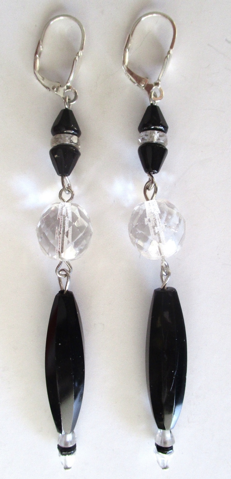 Pair of Vintage 3 1/2-Inch French Jet & Clear Czechoslovakian Crystal Earrings
