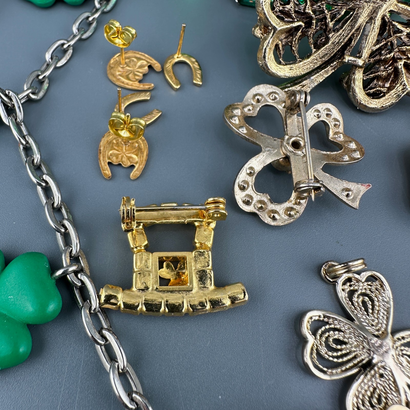 Vintage St. Patricks Day Jewelry Lot Shamrock Brooches Leprechaun Necklace Rings