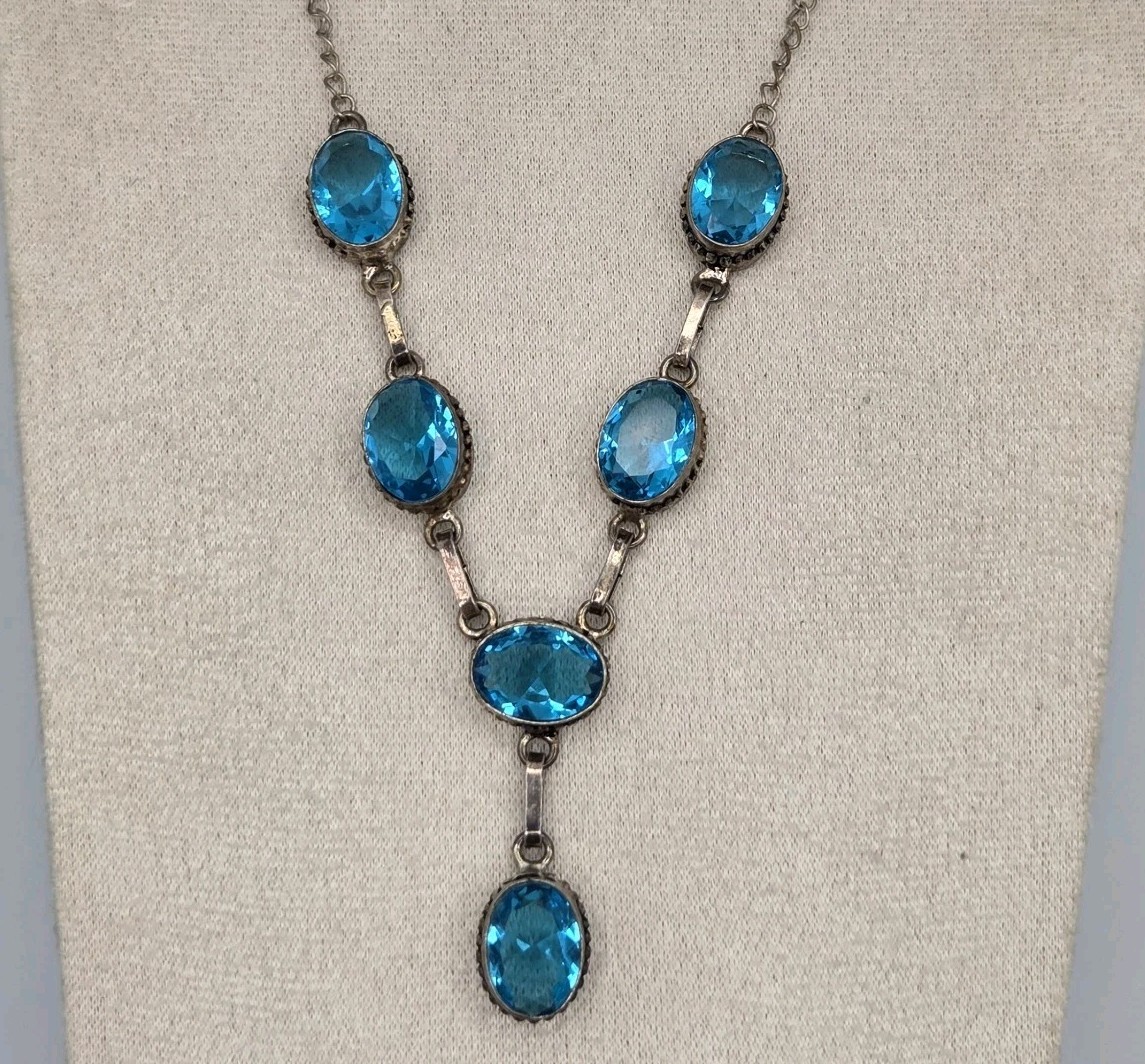 Stunning Vtg 925 Sterling Silver Blue Glass Festoon Y-Necklace 20″+ 1.5″ Drop