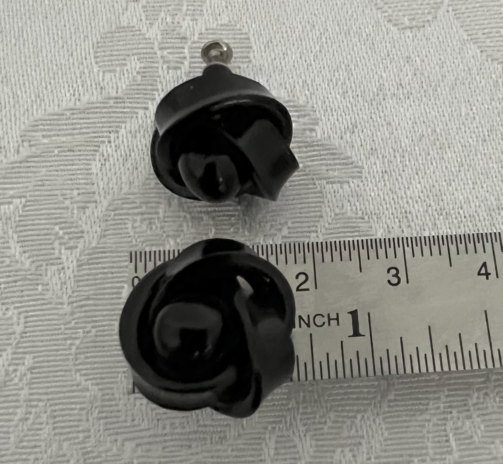 Vintage Celluloid Screw Back Earrings • BLACK Rose Knot Silver Tone • 5/8”