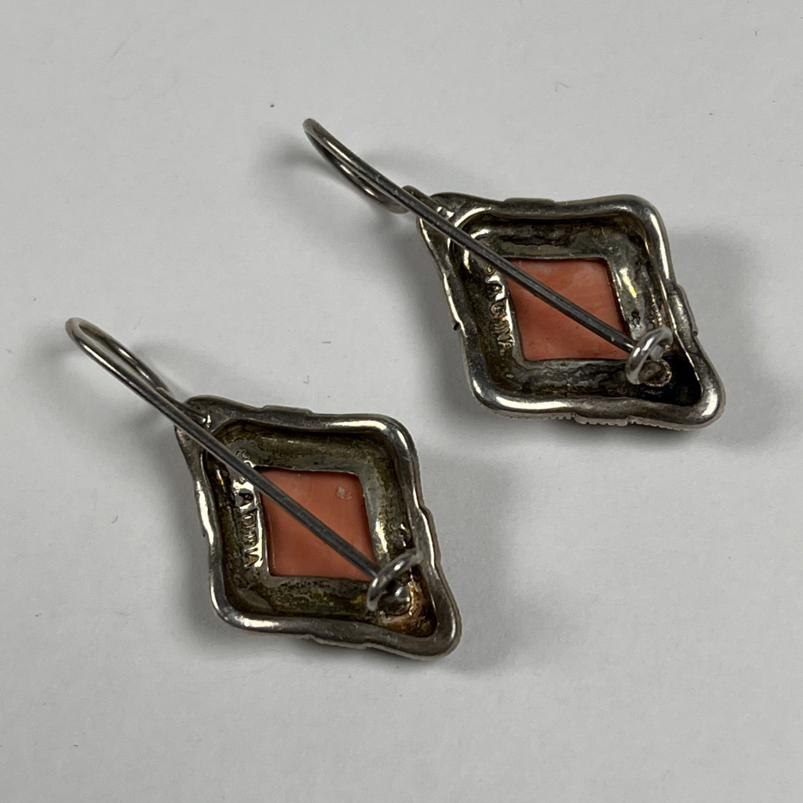 A 925 Vintage Sterling Silver 925 Marcasite Faux Coral Dangle Earrings 6.9g