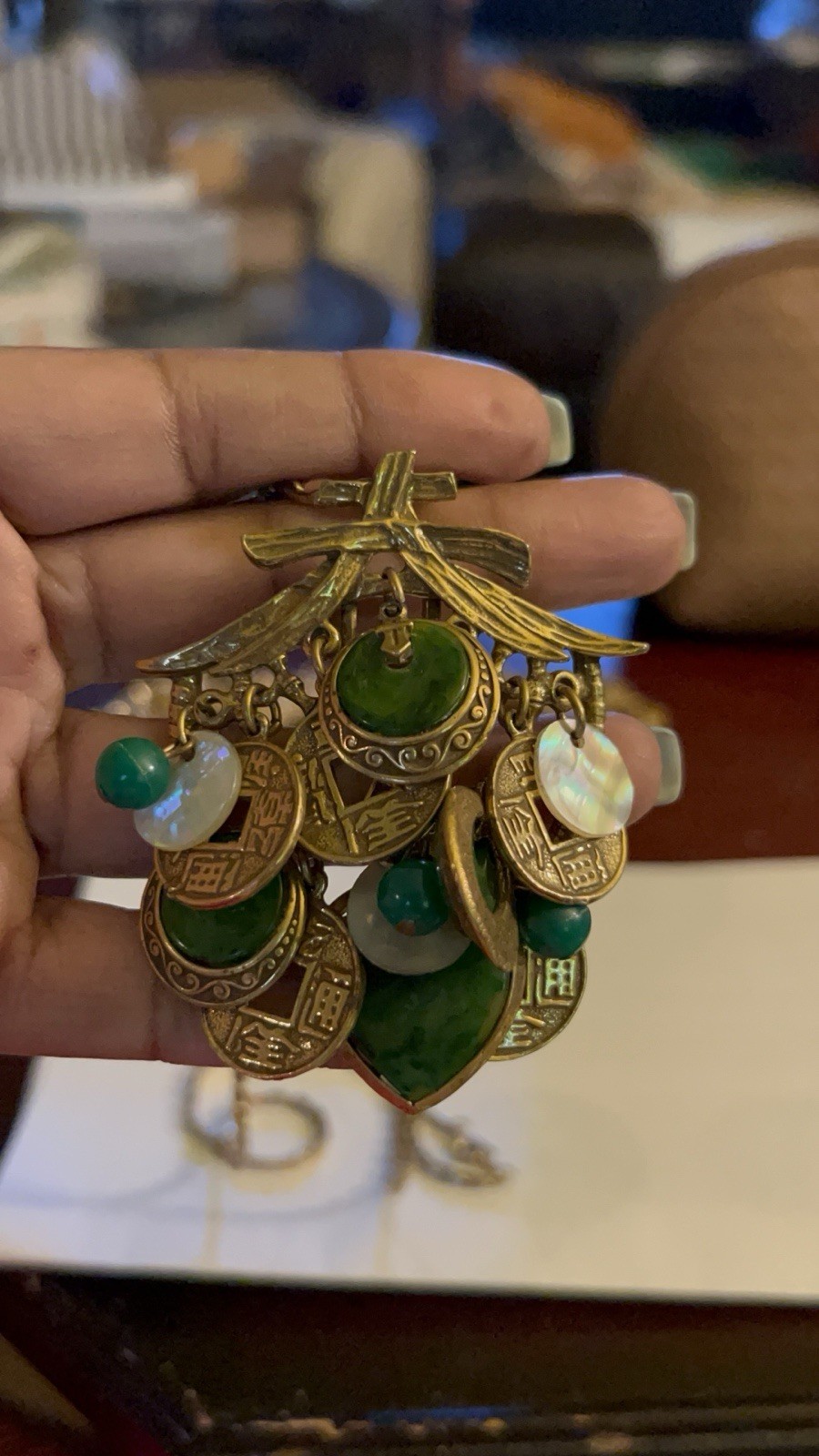 Vtg ART Arthur Pepper Asian Revival Charm Necklace Faux Jade Chinese Coin