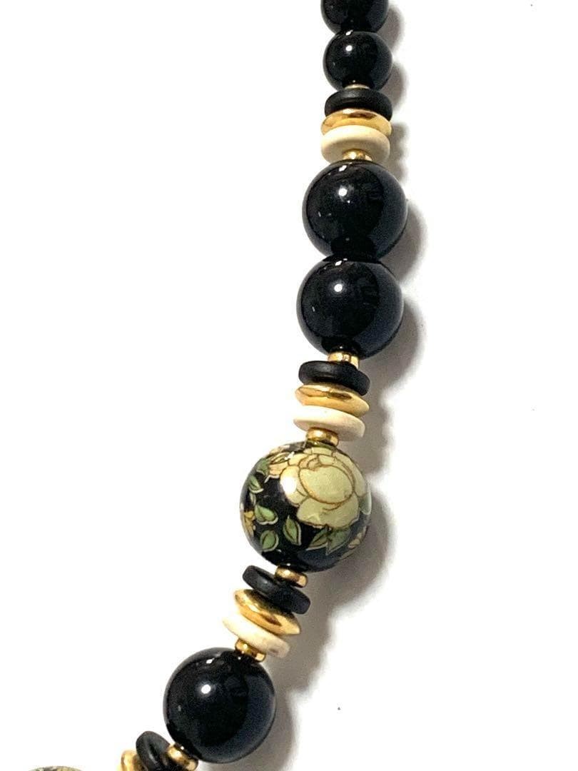 Vintage Cloisonné Enamel Floral Necklace Black Beads 45cm