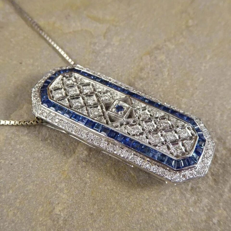 Art Deco Style Lab Created Diamond & Sapphire Wedding 14K White Gold FN Pendant