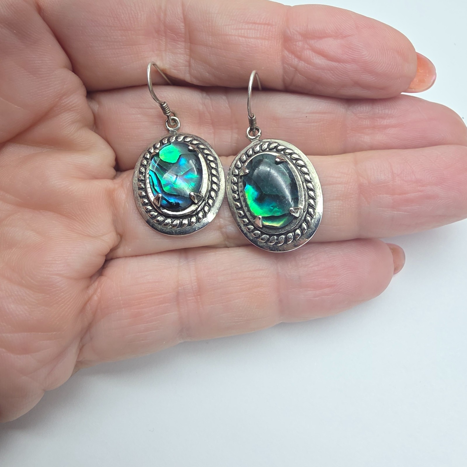 Paua Abalone Shell Sterling Silver Oval Dangle Pierced Earrings Vintage