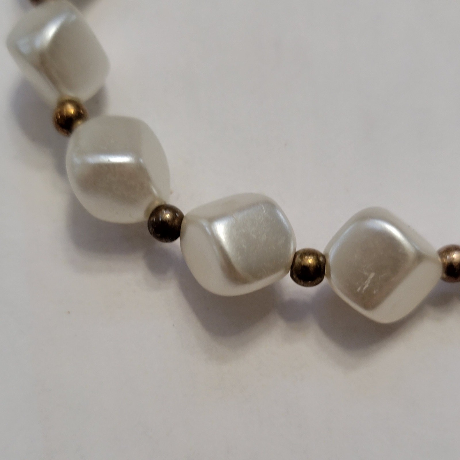 Vintage Faux Pearl Beaded Stretch Bracelet, Square Nugget Beads w Gold Spacers
