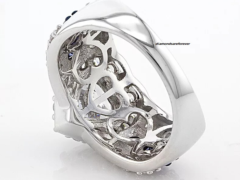 5.22TCW Heart & Round Cut Clear CZ With Blue Sapphire Heart Halo Engagement Ring