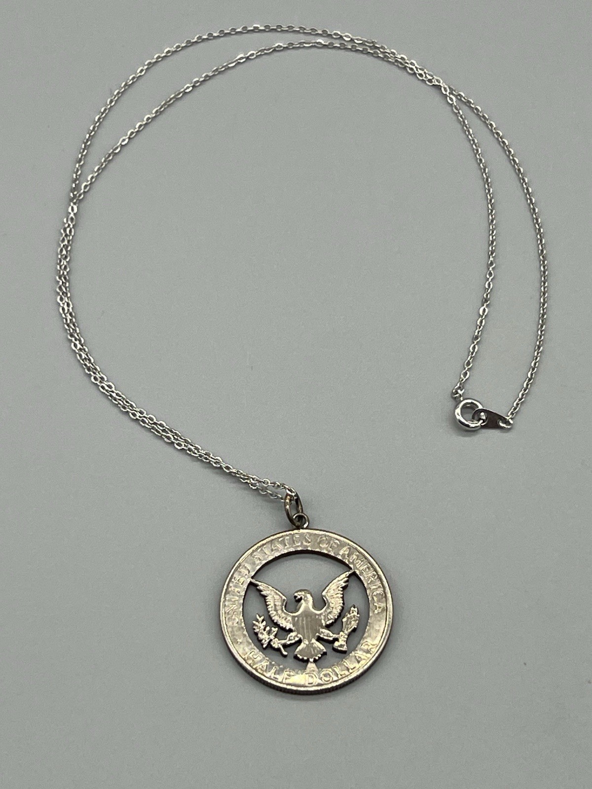 VTG 1971 Clad Half Dollar Coin Cut Out Pendant & 21” Necklace