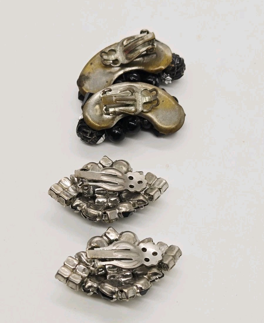 Art Deco Clip on Earrings Lot Set of 2 Black with White Crystal Silver Tone Vtg
