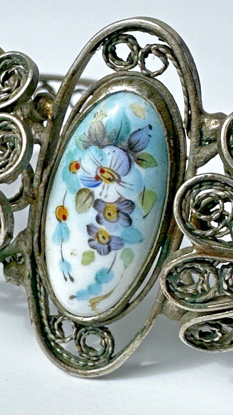 Vintage Painted Floral Motif Enamel Cuff Bracelet W/ Ornate Filigree