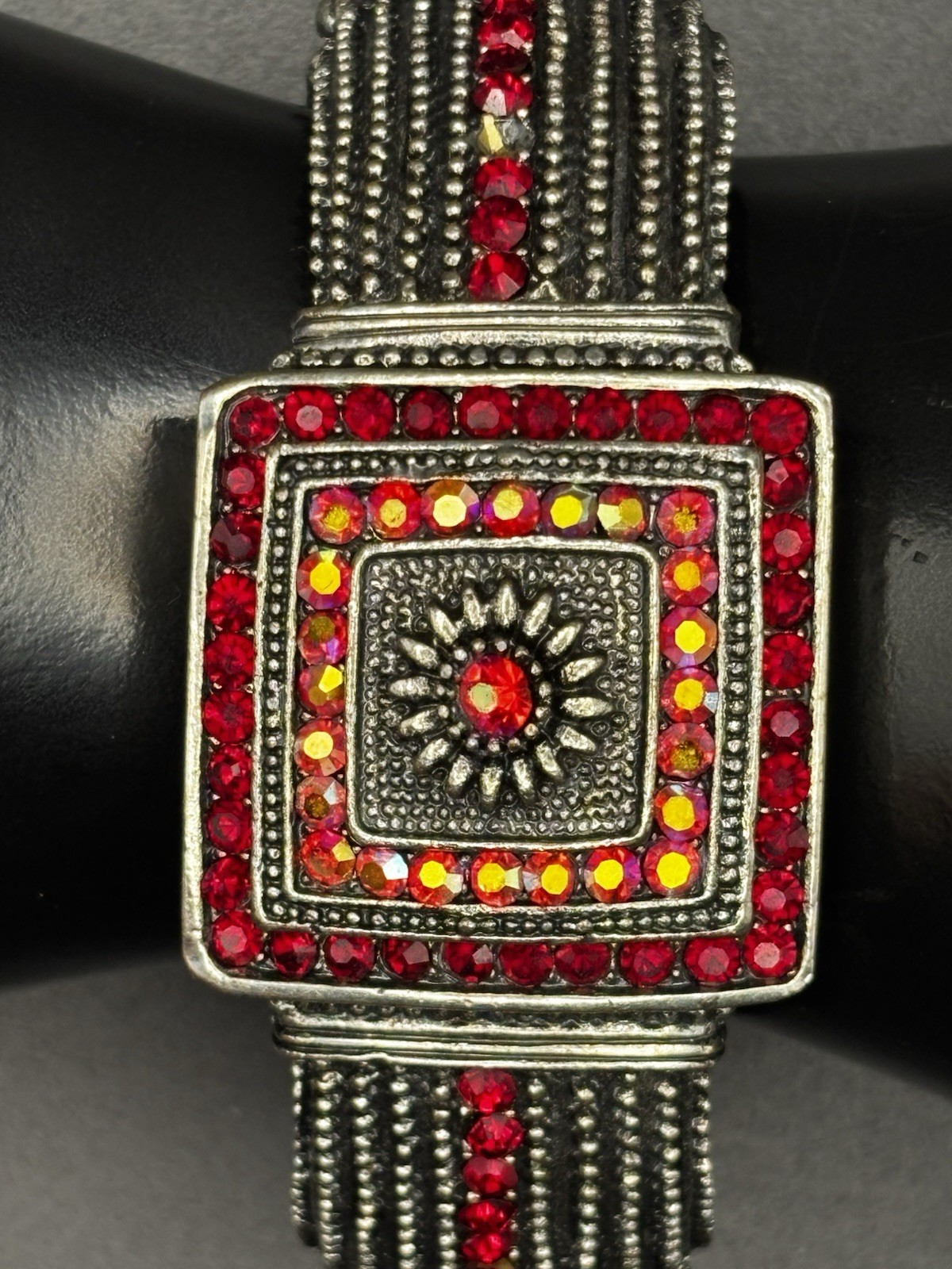 Ruby red and iridescent Aurora Borealis rhinestones Hinged Bracelet