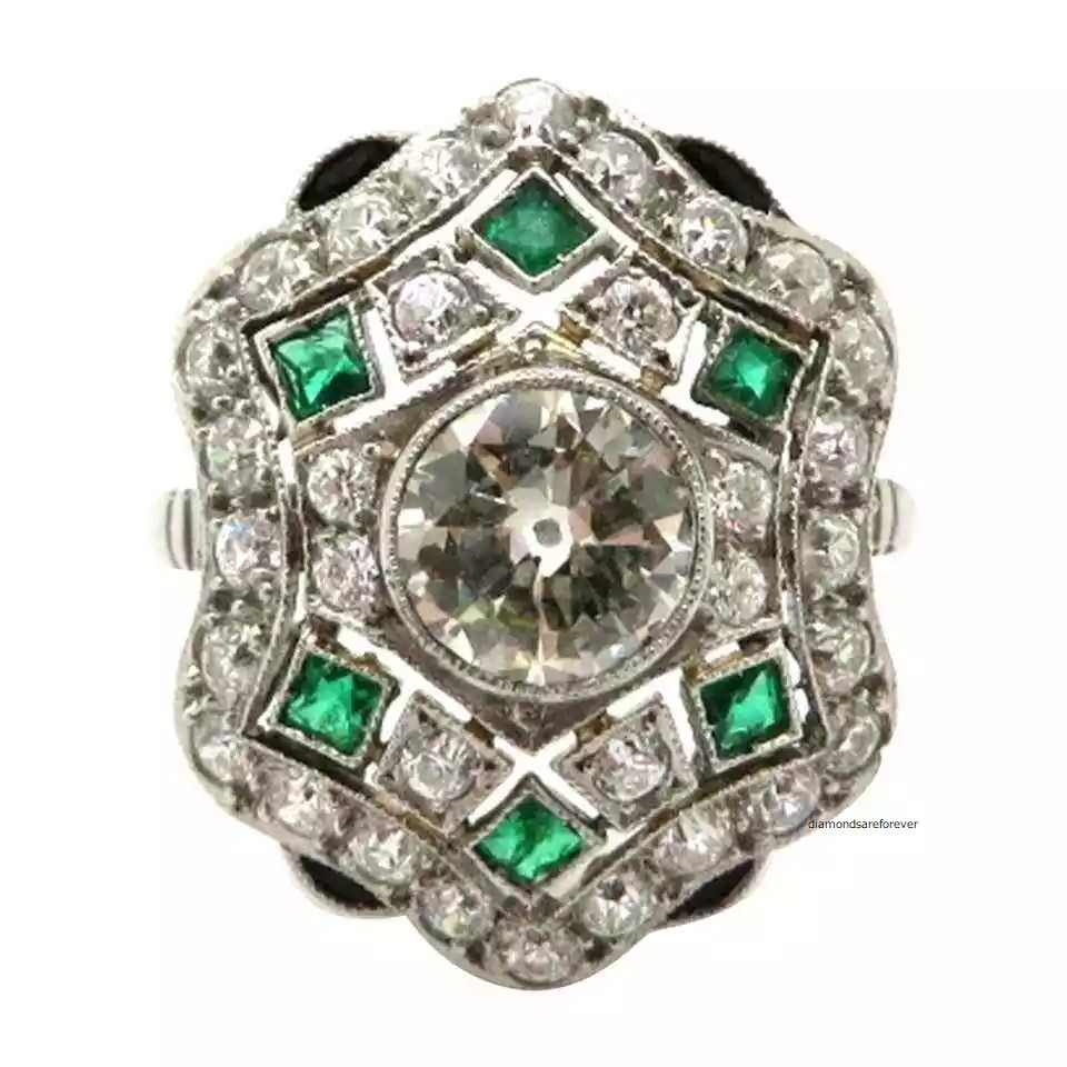Art Deco Style Round Cut Moissanite and Emerald Engagement Ring 10K White GoldFN