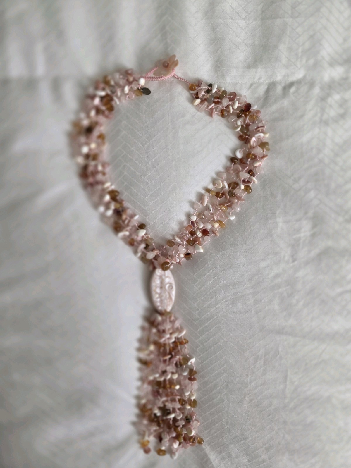 Sajen Multi Strand Gemstone Whimsical Statement Necklace Shell Rose Quartz