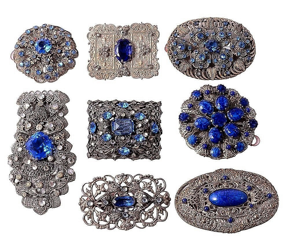 Art Deco Czech oval brooch with art glass blue stones 1930s (AAG)