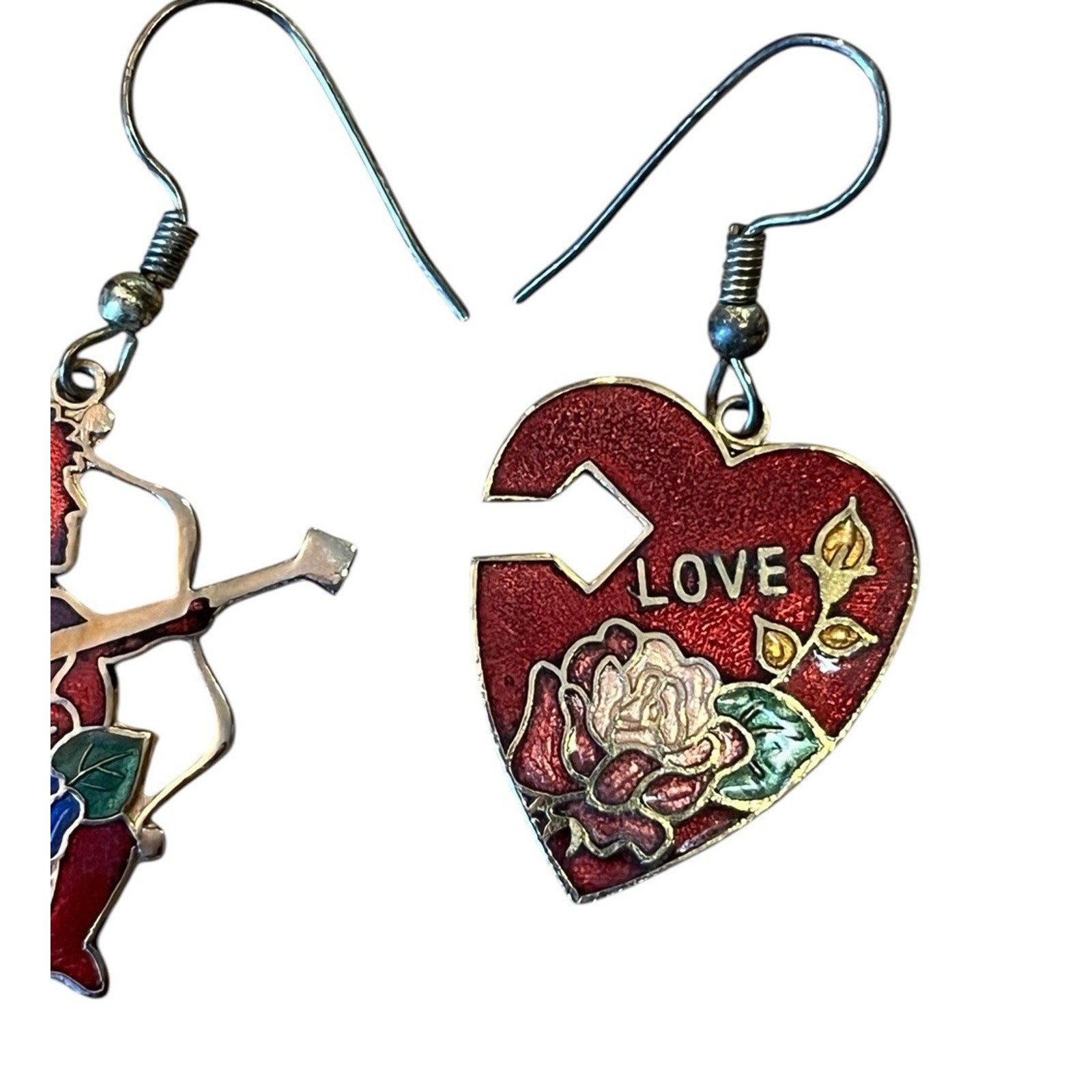 VTG Cloisonné Enamel Earrings Heart Love & Cupid 2” Gold Colored Metal 1980s