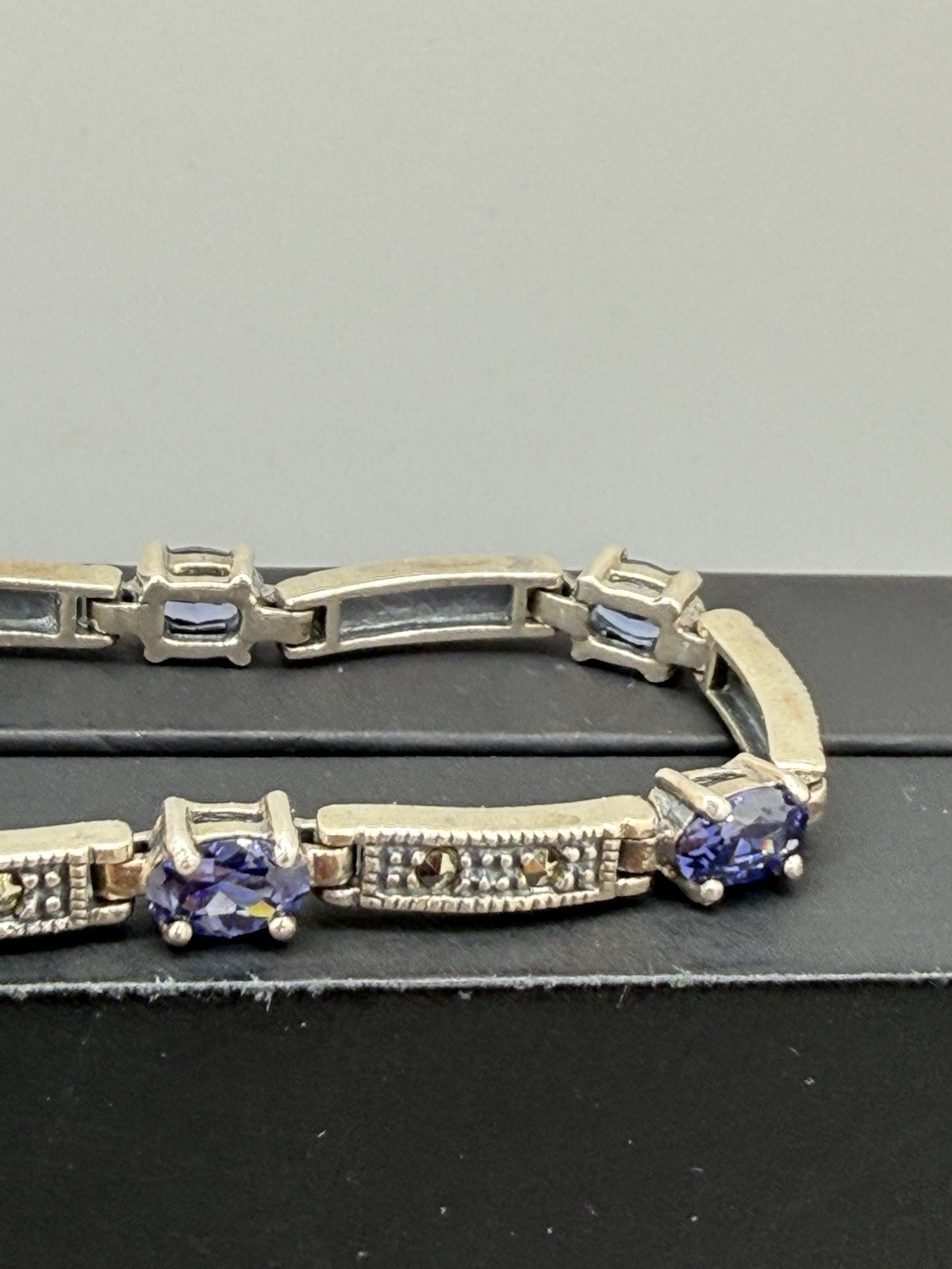 Vintage 925 CW Amethyst Marcasite Stone Panel Link Bracelet Sterling Silver 8”