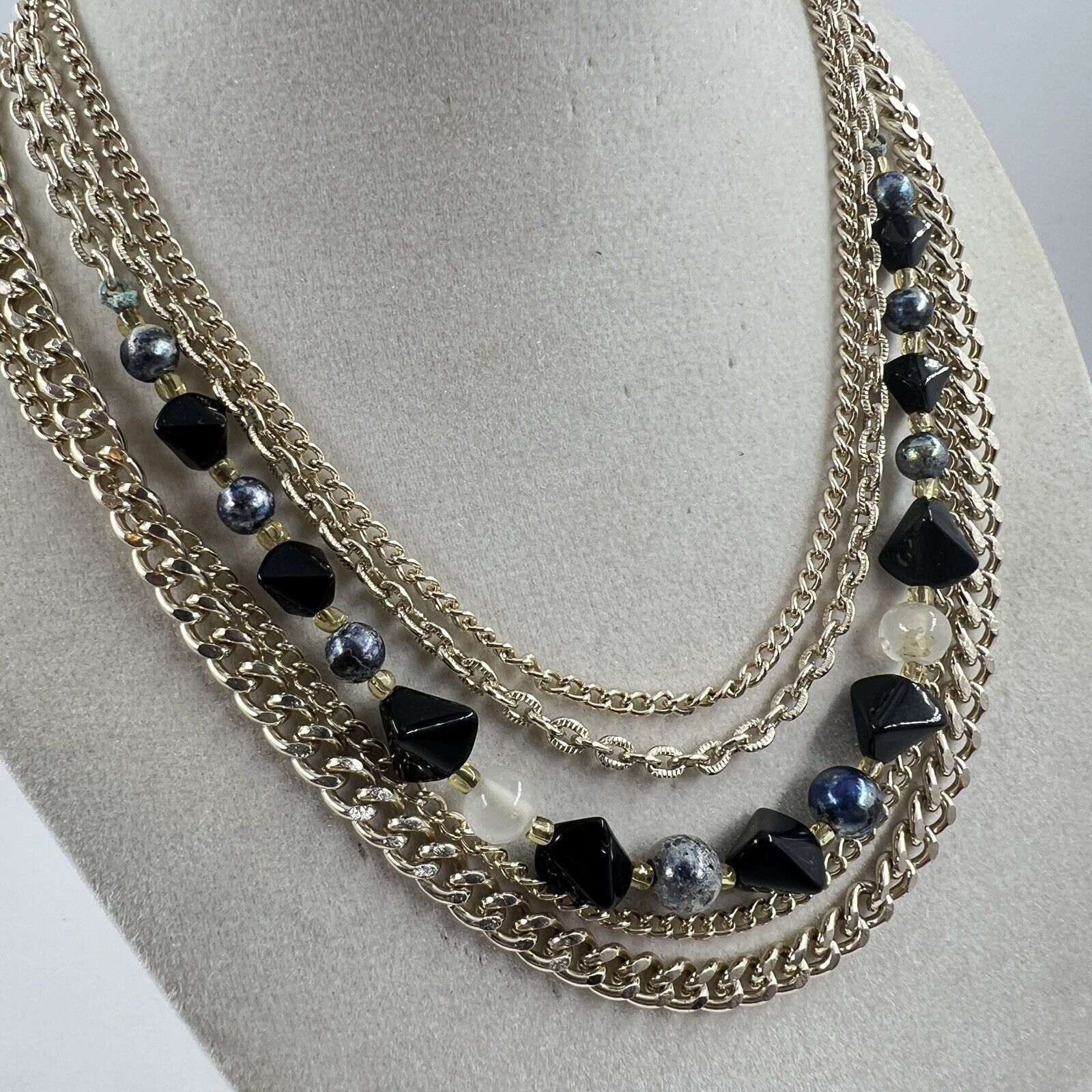 Vintage Japan Multi Strand Glass Bead And Chain Necklace Gold Black Gray