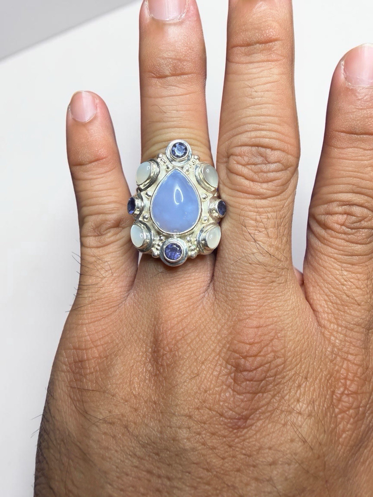 Sajen 925 Silver Chalcedony Moonstone Iolite Druzy Ring Bracelet Earrings Set