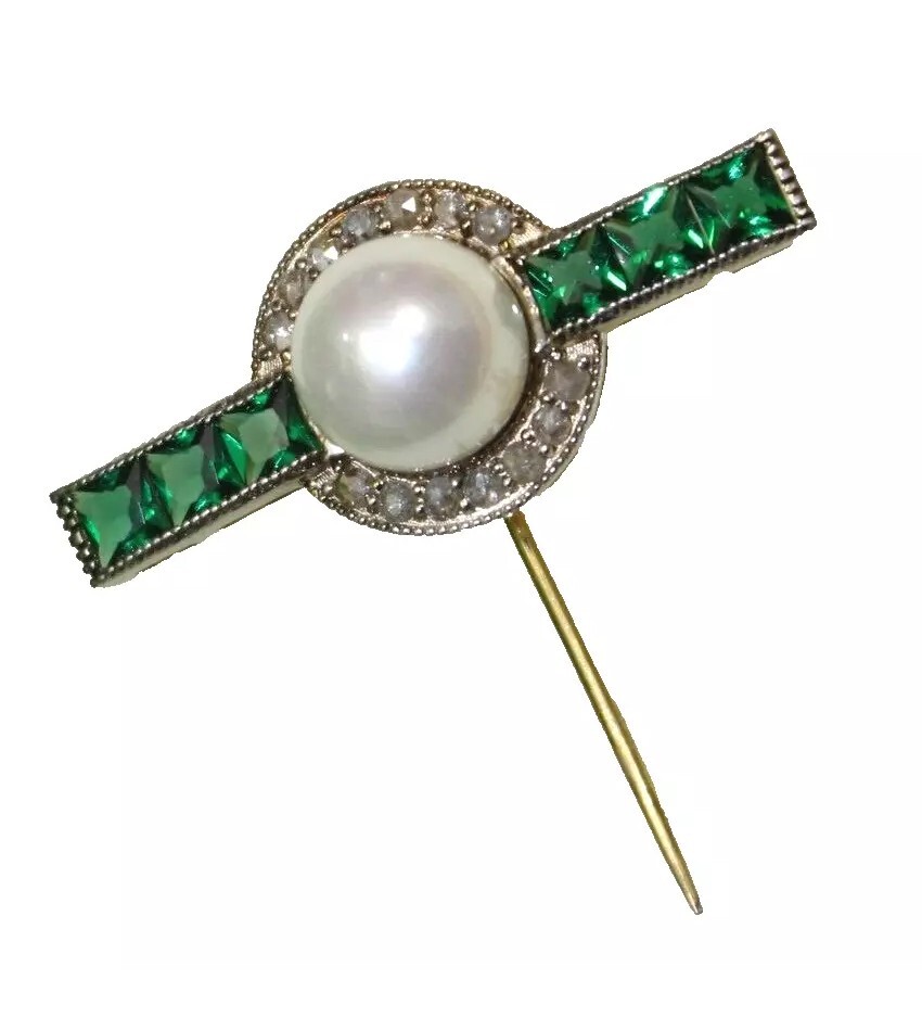 0.85ct Rose Cut Diamond 925 Silver Emerald Pearl Anniversary Wedding Stick Pin
