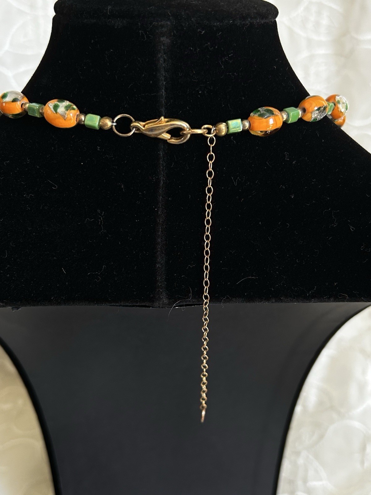 Vintage Orange Foil Art Glass Bead Necklace Green Spacers Murano Style Italy