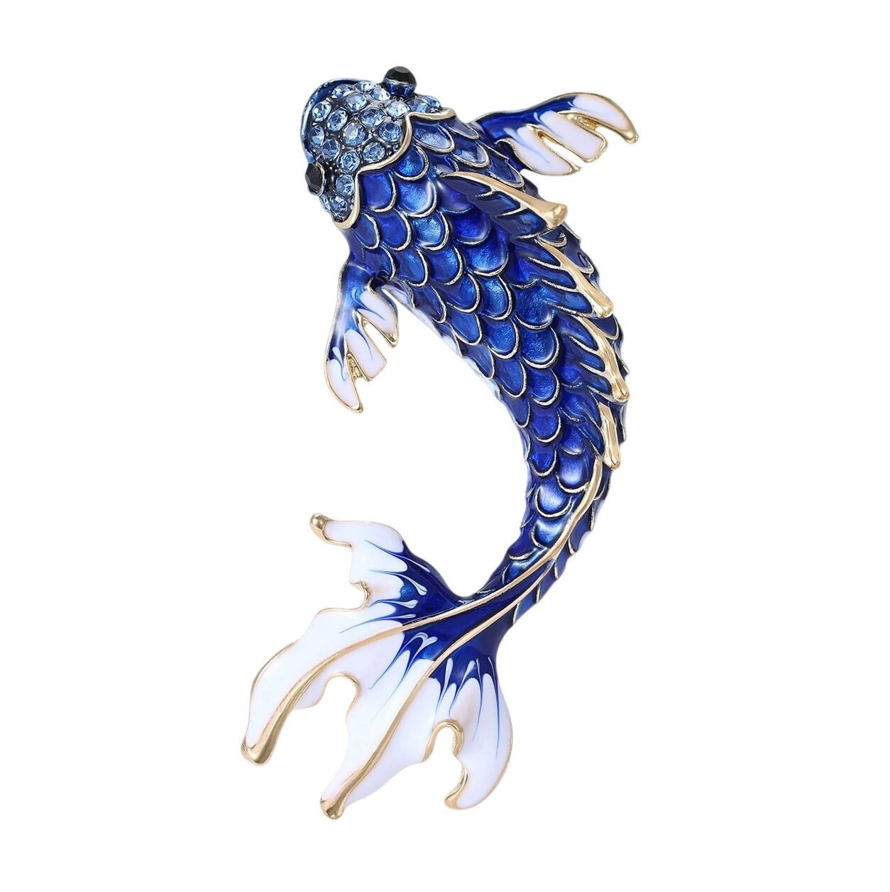 Blue & White Enamel Lucky Koi Fish Brooch with Crystal Accents