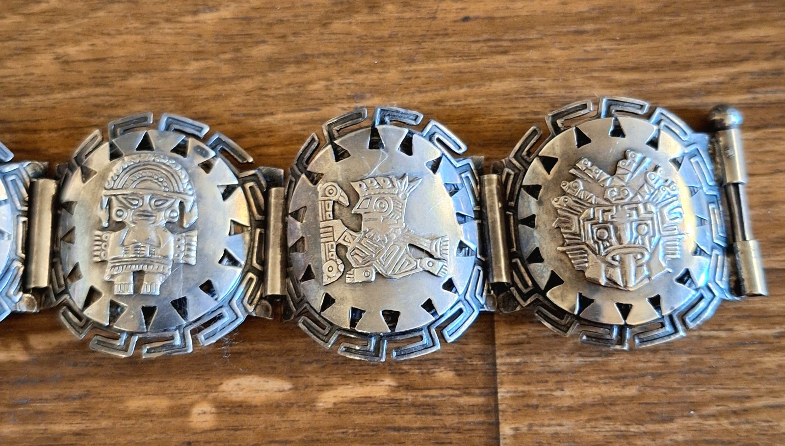 Vintage Estate Peru Sterling Silver Bracelet W/Mayan/Inca Panels! 7.25″ L! 44G!!