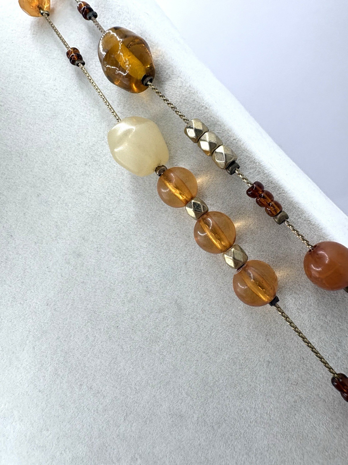 Amber & Honey Colored Glass Gold Tone Stationed Long Necklace By Designer VCLM