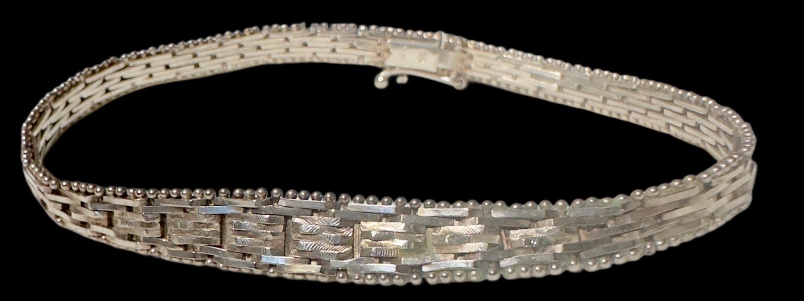 .925 Italian Sterling Tapered Panel Link Bracelet With Beaded Edge 8” VTG BIB