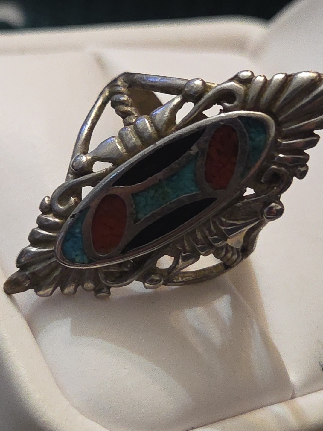 Vtg Artisan Silver Southwestern Turquoise Onyx Coral Chip Inlay Sz 7.5 Ring W76