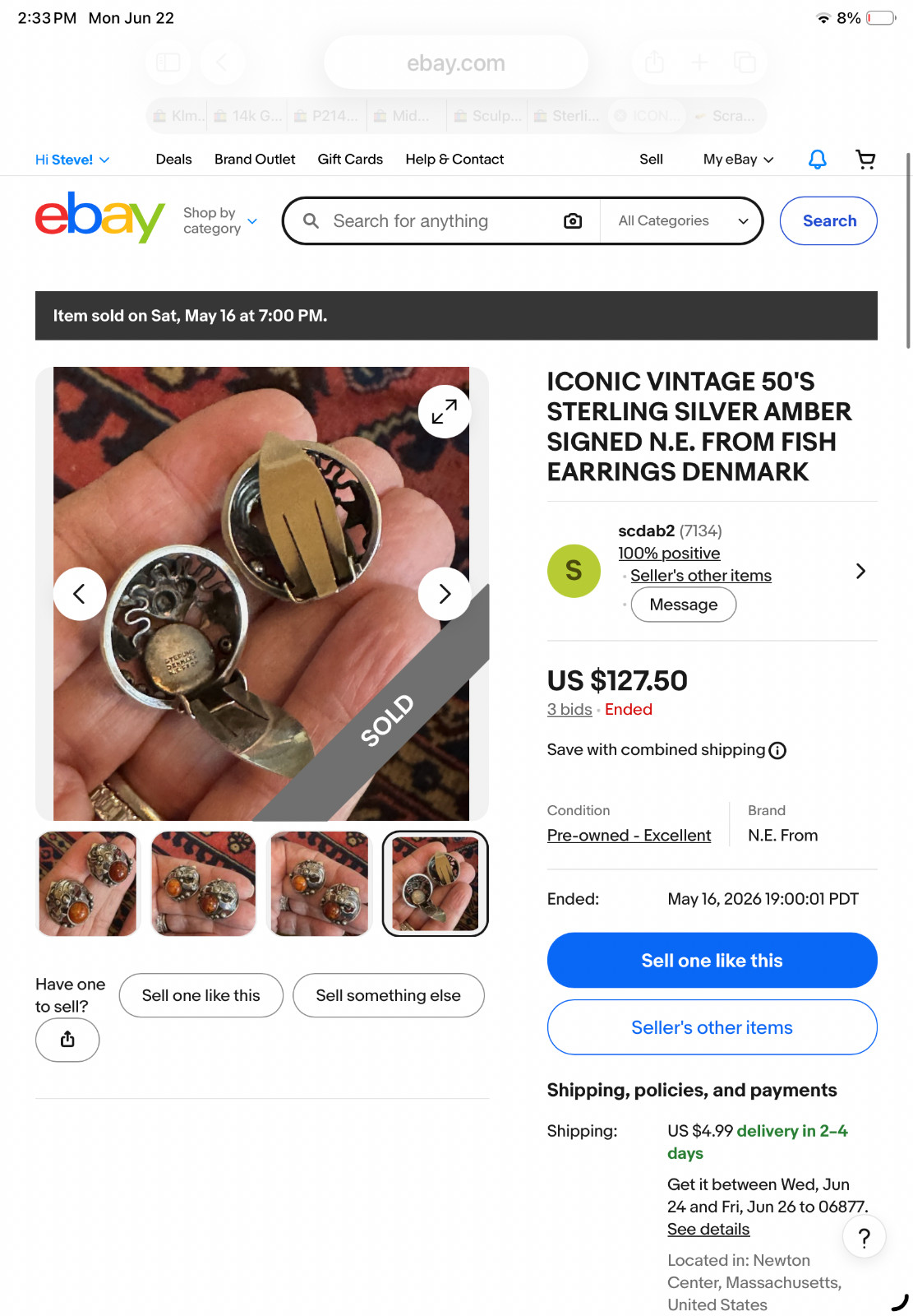 Vintage n e from unsigned Denmark Sterling Fish earrings screwback now omega
