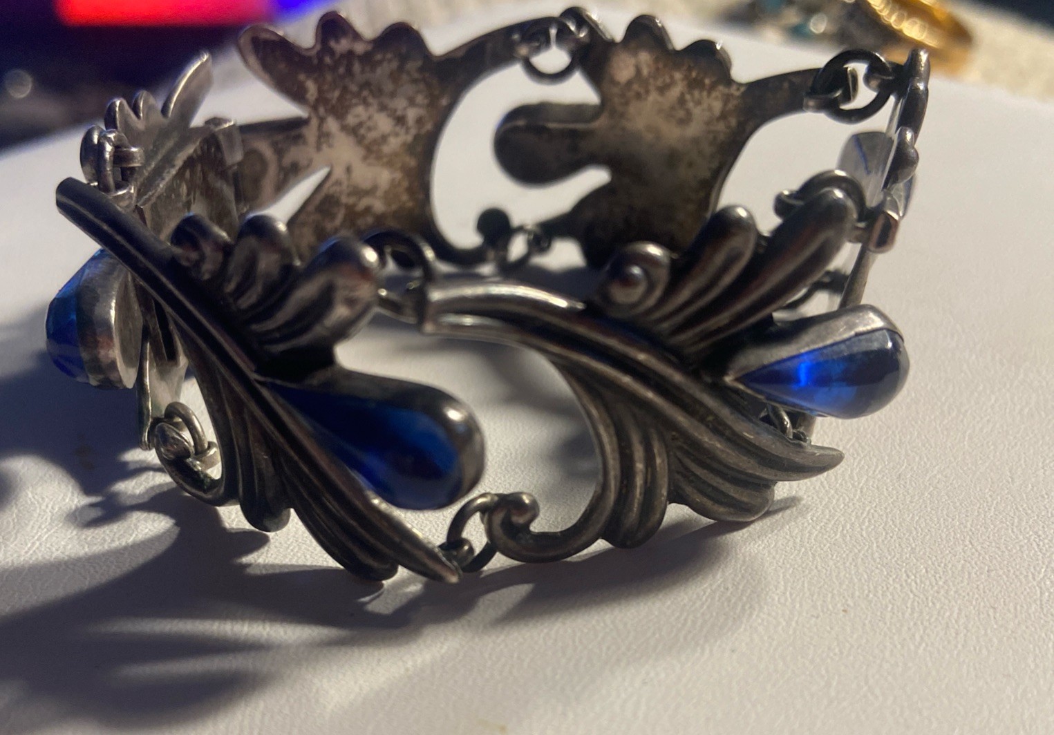 VTG Los Castillo Taxco Mexican Sterling Blue Cabochon Glass Floral Bracelet 7″