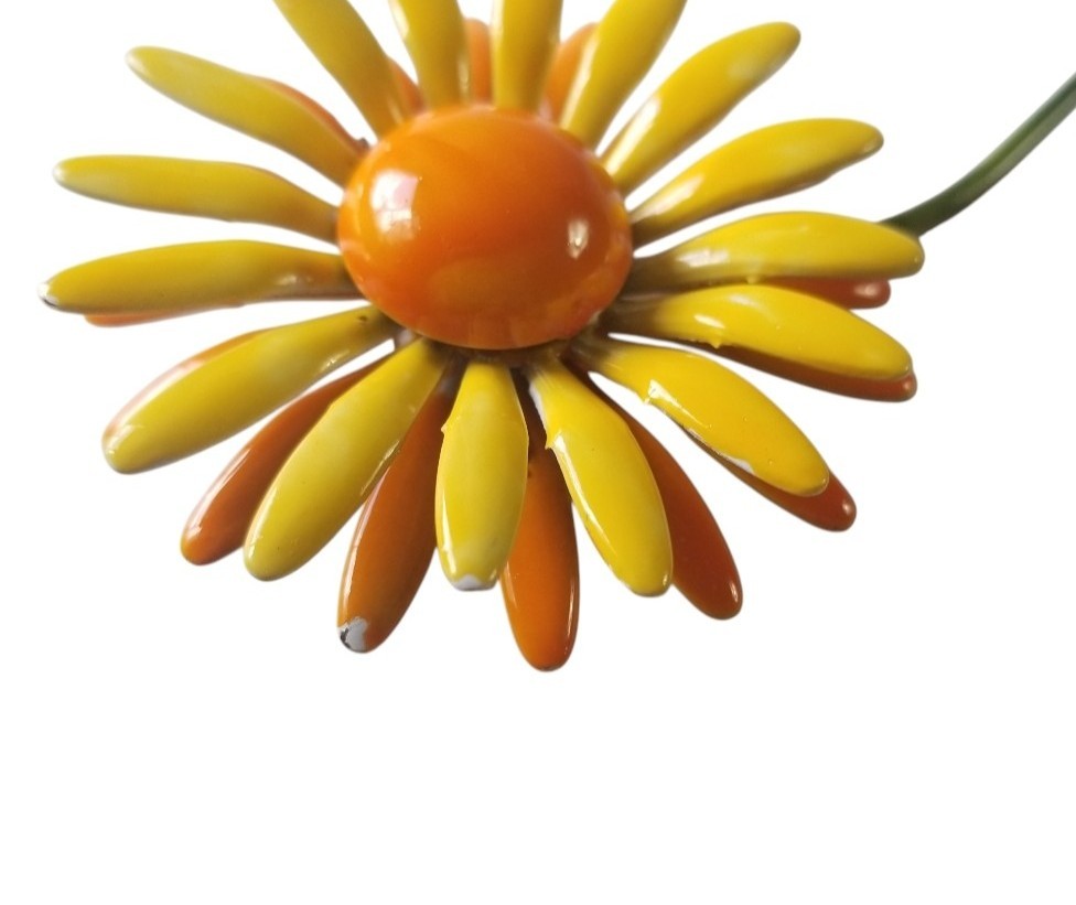 Vintage 1960’s Yellow And Orange Enamel Flower Power Brooch Daisy Mod Layered