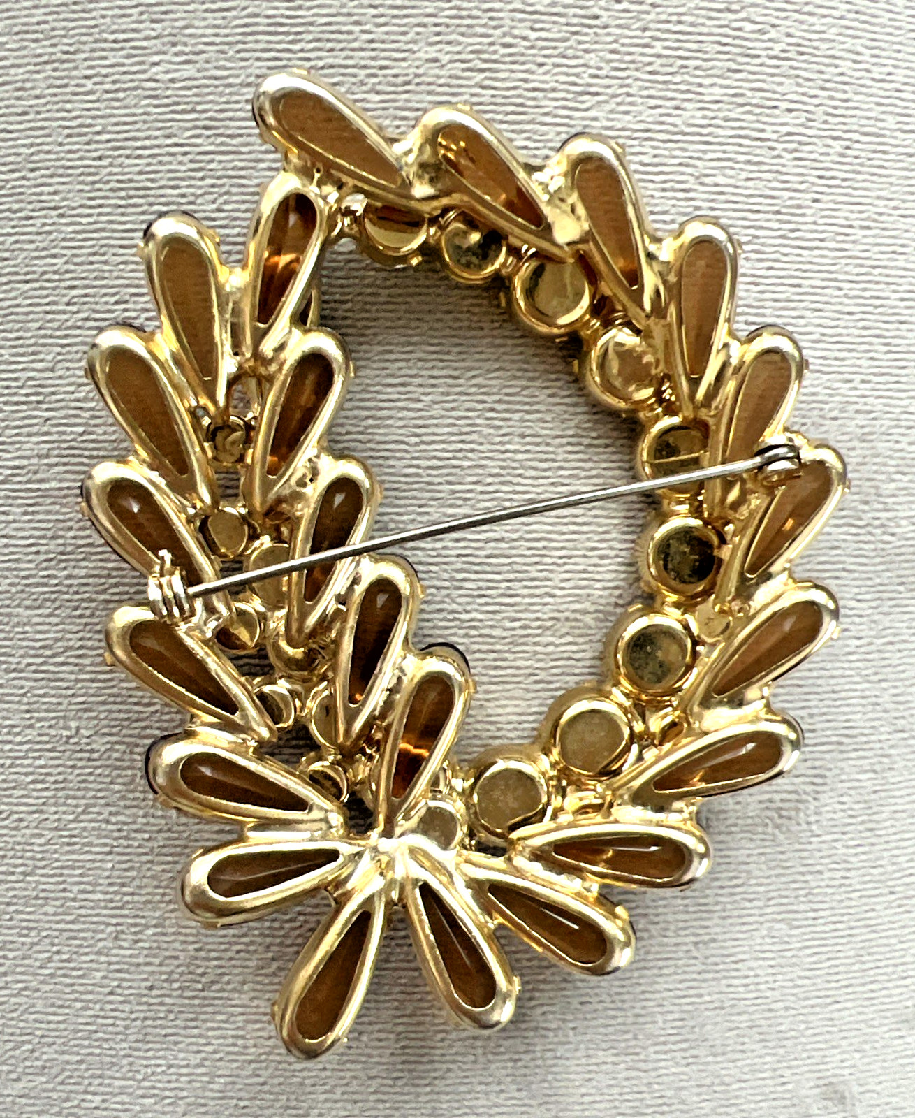VTG. JULIANA DELIZZA & ELSTER AMBER & CLEAR RHINESTONE BROOCH LARGE 3″