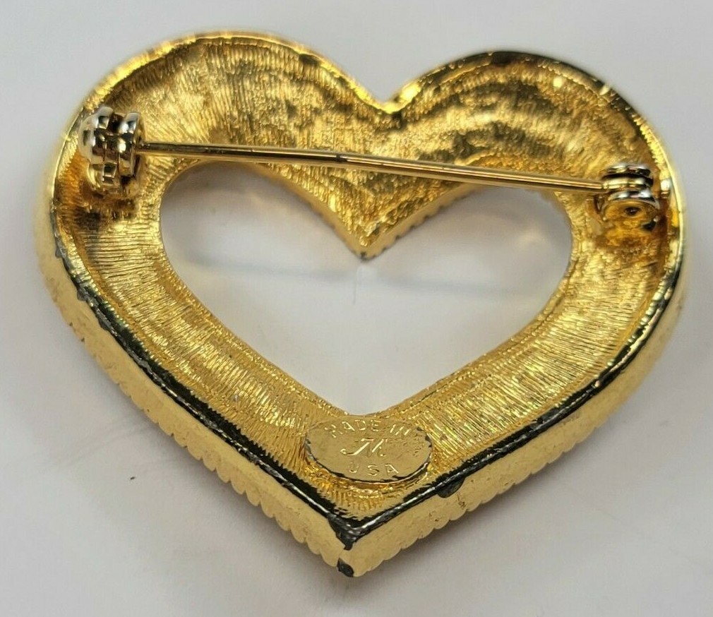Heart Brooch Vintage Gold-Tone Pave Rhinestones 41mm x 39mm Made in USA