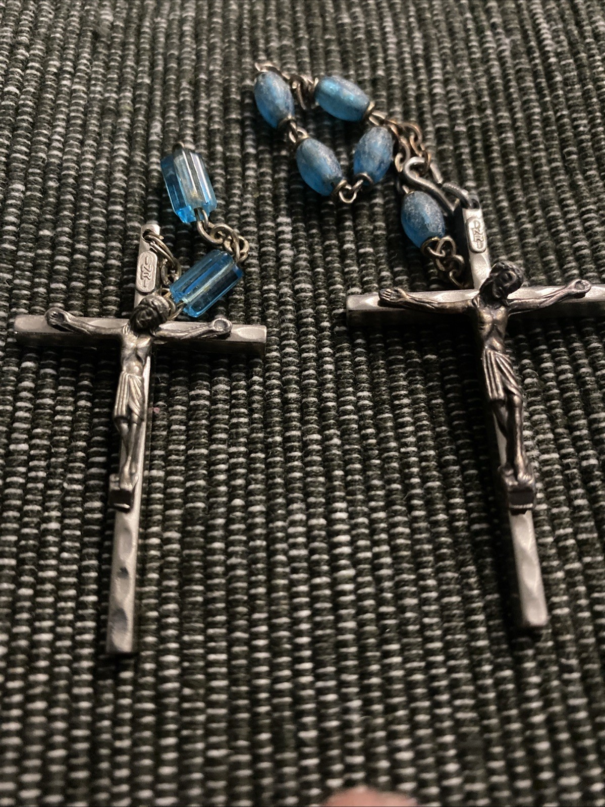 Vintage Italian Crucifix Rosary Pendants, INRI, Blue Glass Beads, Marked Italy