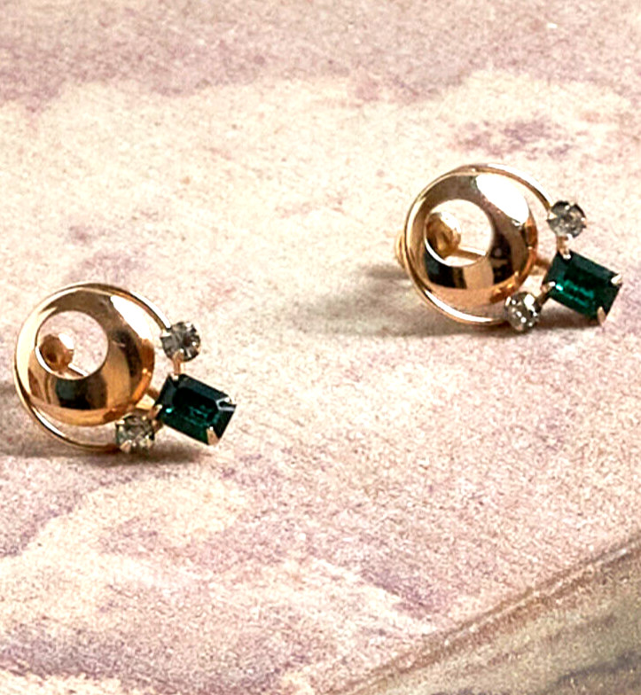 1940s/50s CARL MAYR CM 1/20 12K GF Green Clear Rhinestone Screw back Earrings