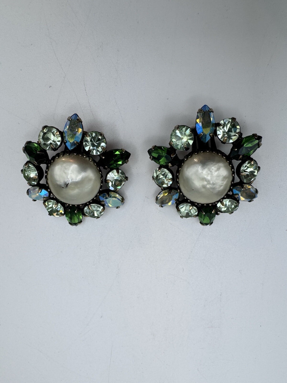 Antique Vintage Blue Rhinestone Clip On Earrings And Gray Baroque Faux Pearl