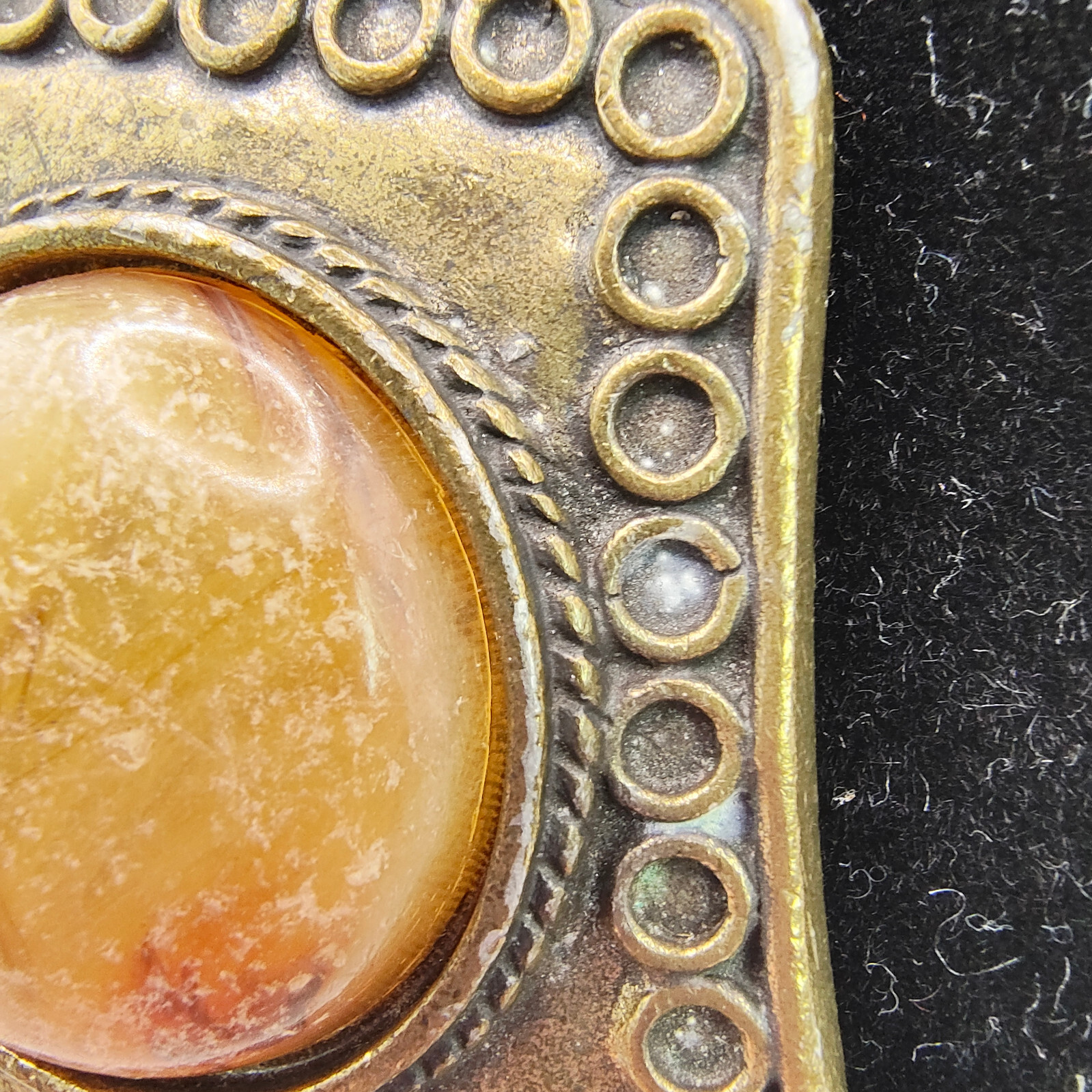 VTG Brutalist Earrings Clip On Brass Plated Unpolished Stone Ornamented Border