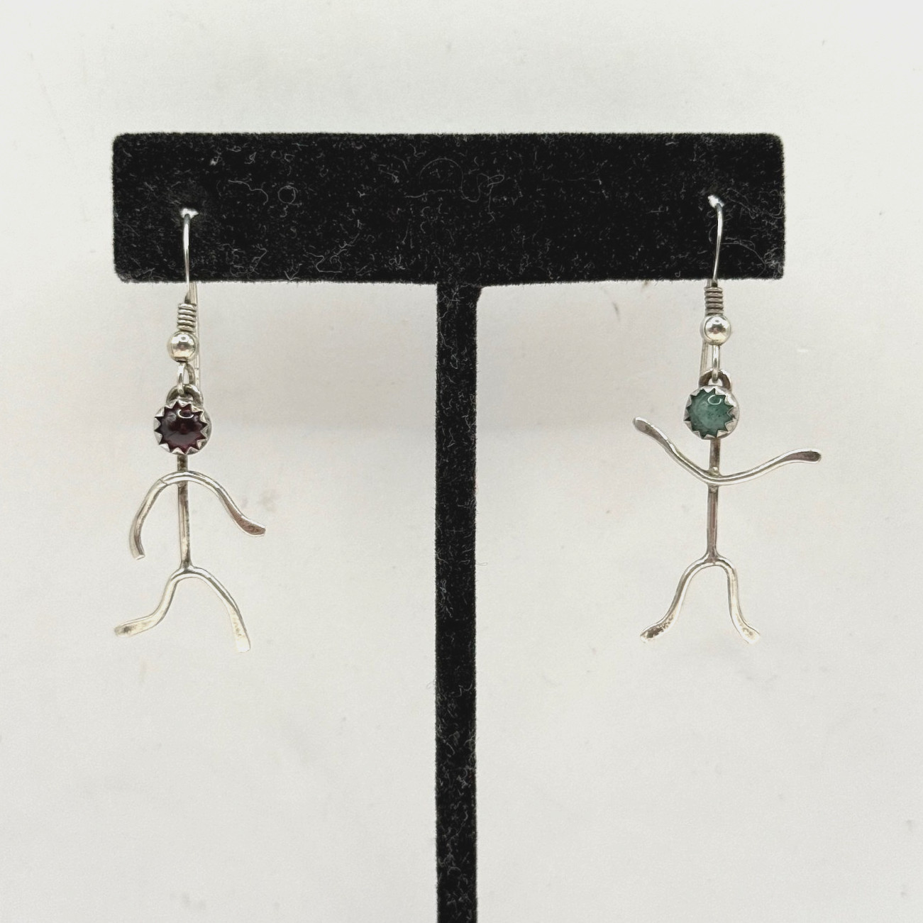 Vintage Artisan Sterling Silver Stick Figure Dangle Earrings Gemstone Heads Cool