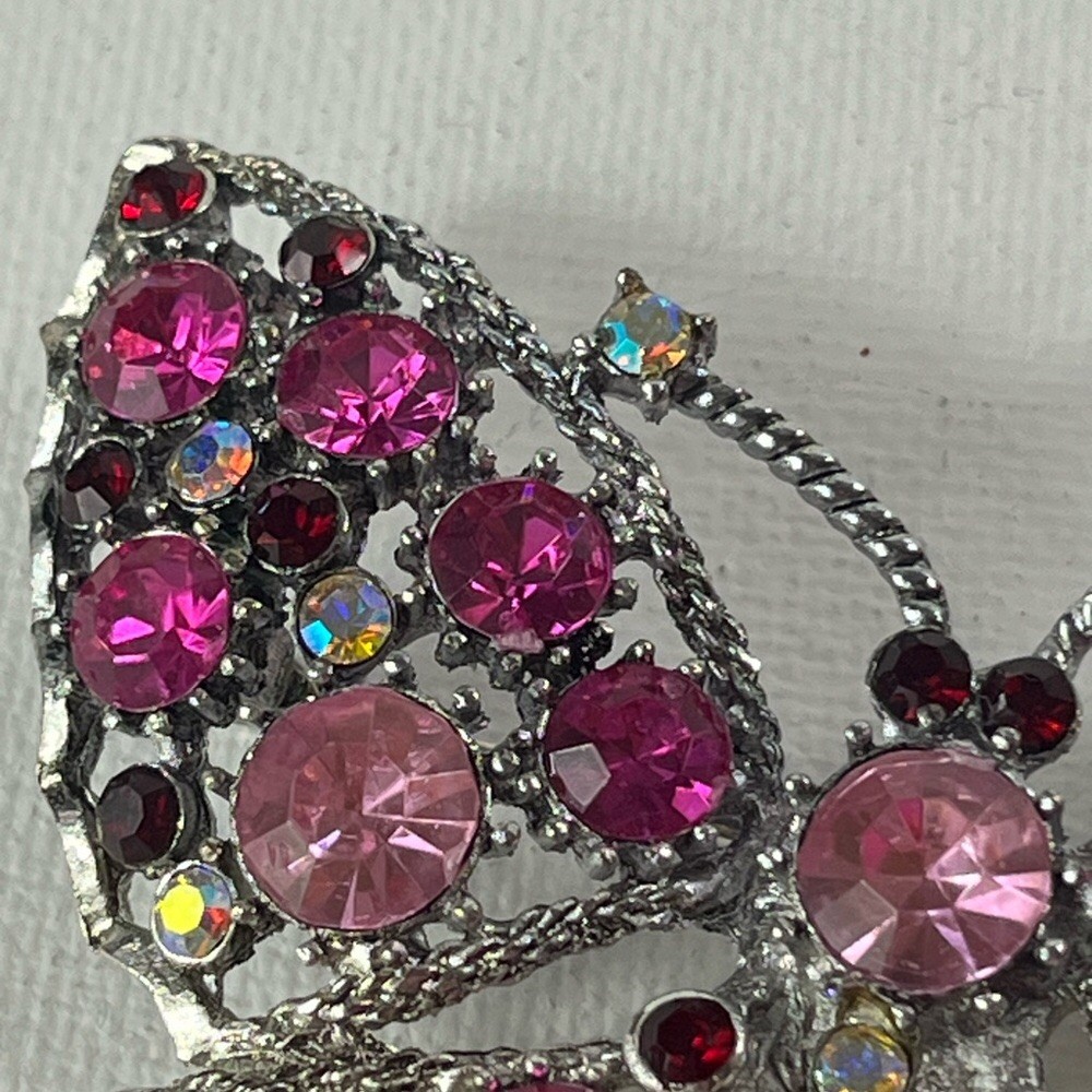 Elegant Pink Butterfly Brooch Pin Multi-colored Rhinestones Approximately 2” Vtg