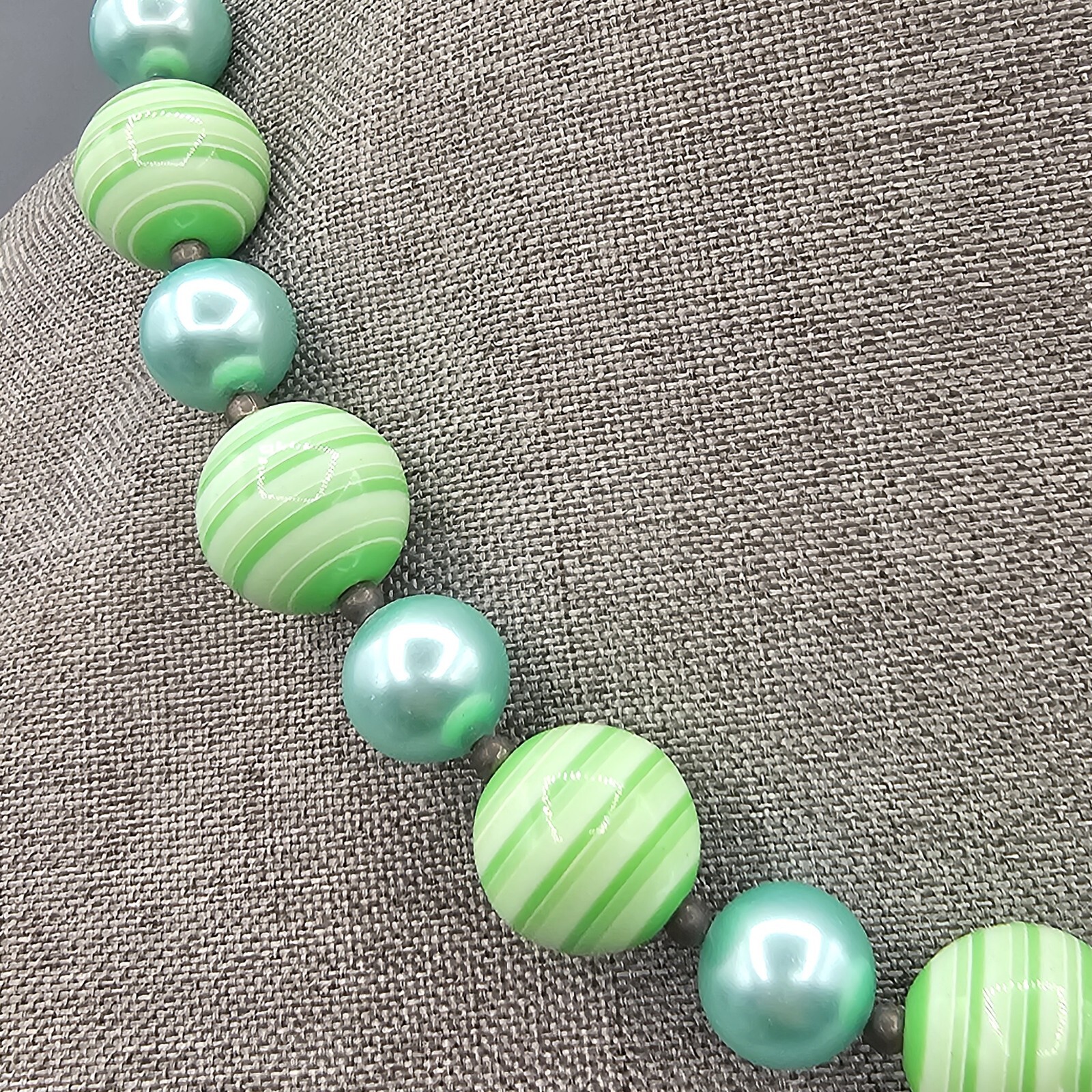 Vintage Gumball Bead Necklace Green Stripe Blue Metallic SIngle Strand 22″