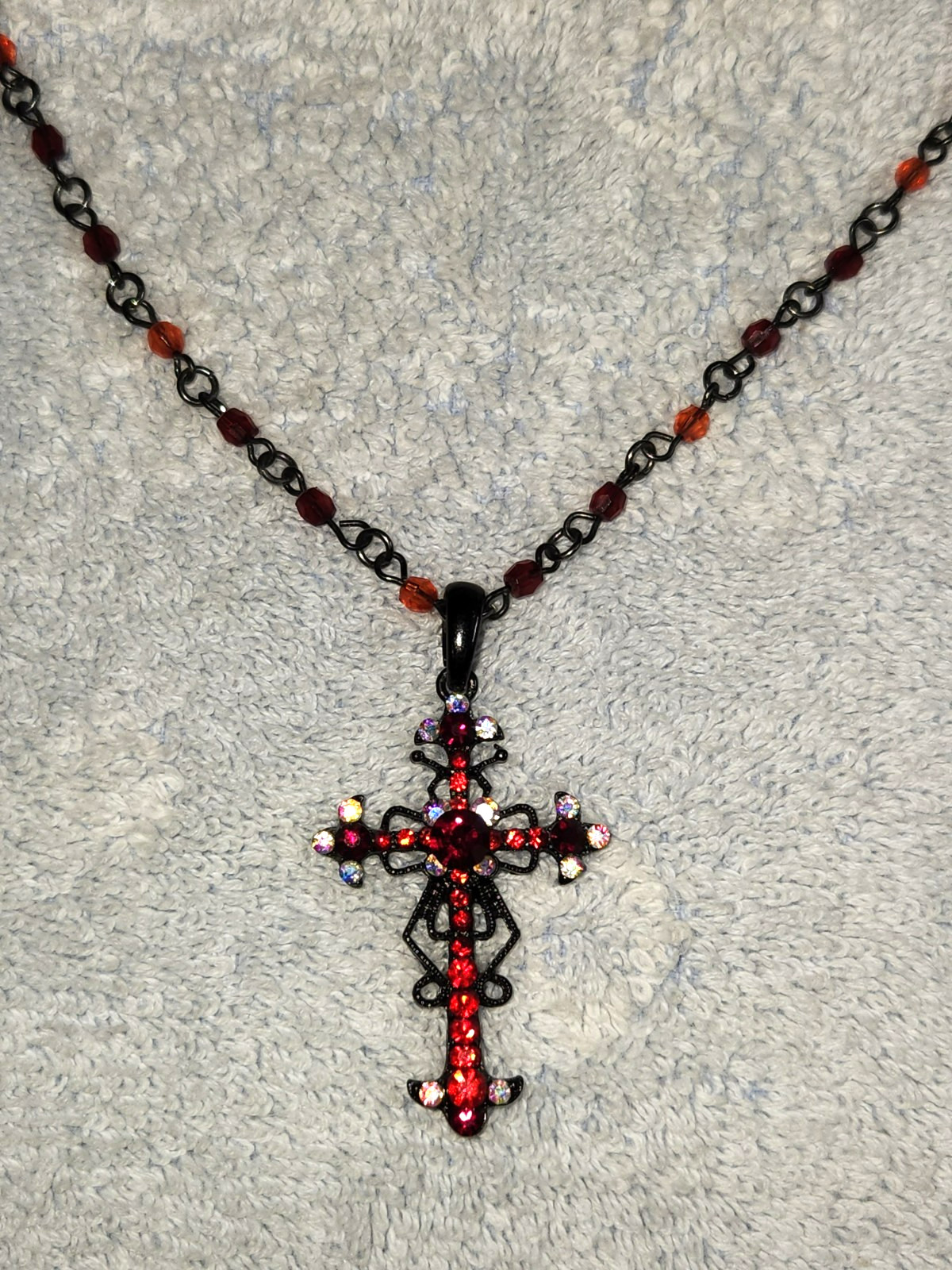 Vintage Ruby Red Crystal 1.5″ Cross Beaded 16″ + 2″ Necklace