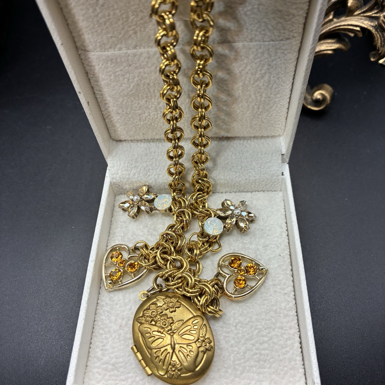 Charm Necklace OoaK, With Vintage Hearts, Flowers & Butterfly Locket, Adjustable