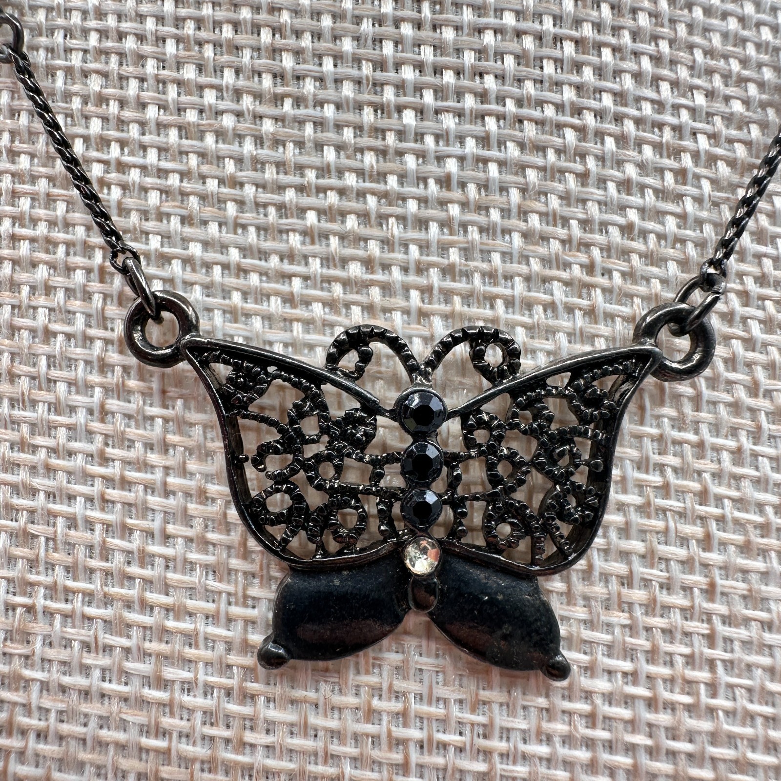 Vintage Y2K Rhinestone Filigree Butterfly Pendant Necklace Statement Jewelry