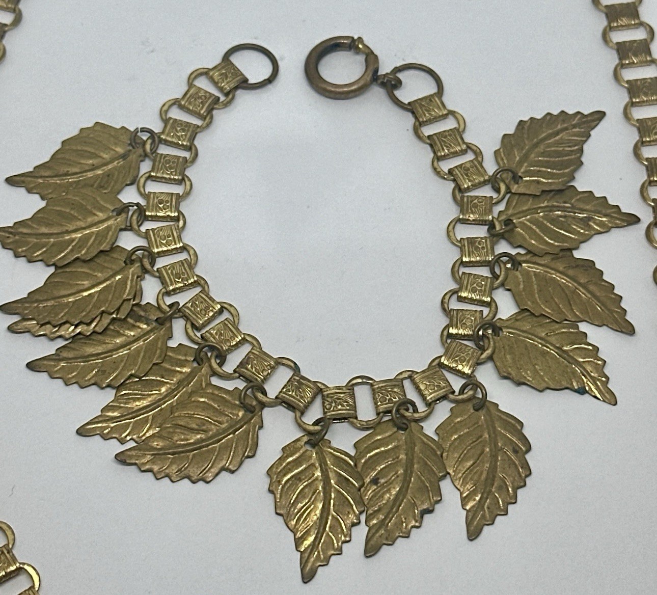 Vintage Victorian Brass Leaf Charm Necklace and Bracelet Set Sliding Hook Clasp
