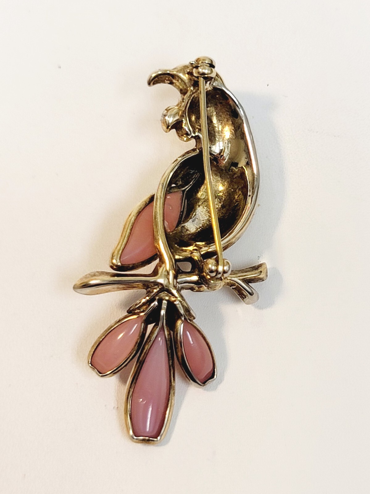 Vintage Trifari Pink Glass Petalette Parrot Brooch Green Rhinestone Eye