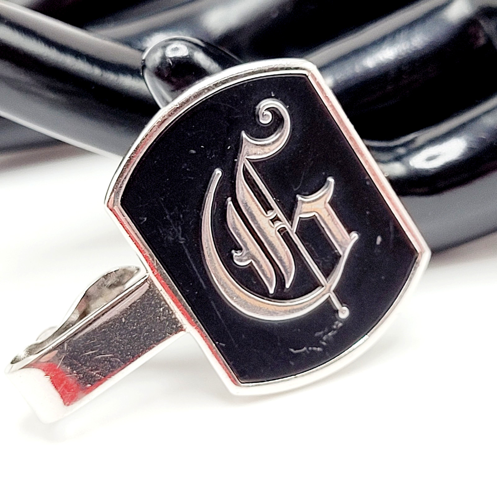 G Letter Old English Script Silver Tone Black Enamel SWANK Tie Clip Clasp